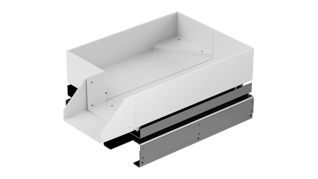 Feedall's large vibratory hopper. An optional integrated sensor requests and regulates the exact number of parts delivered to Flex Feeders.